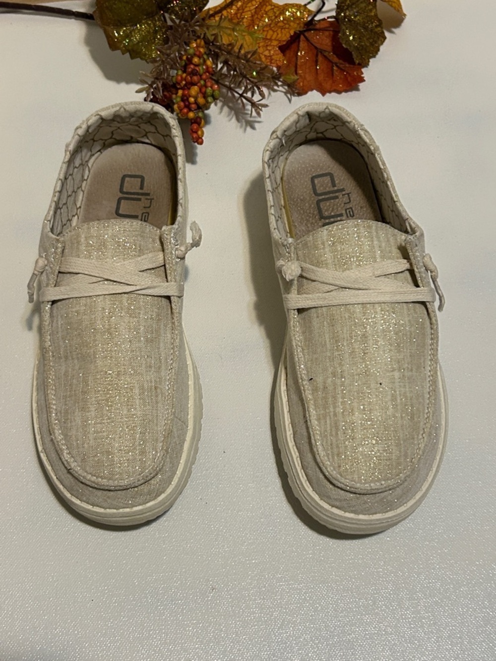 Hey Dude Beige Metallic-Thread Slip-On Shoes